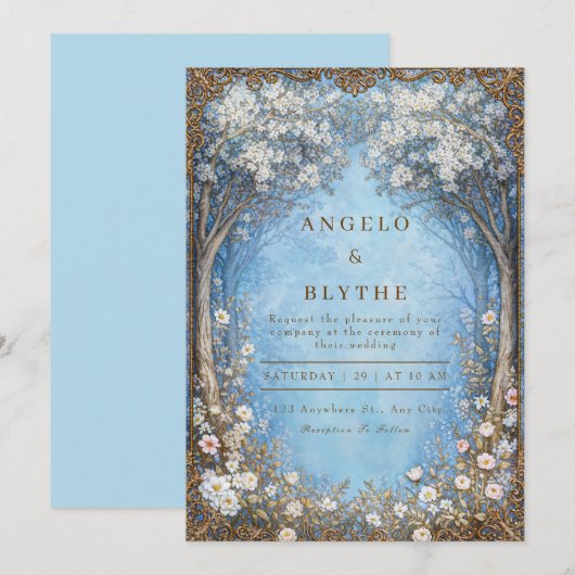 Misty Blue Enchanted Forest Gold Frame Wedding 招待状 (正面/裏面)
