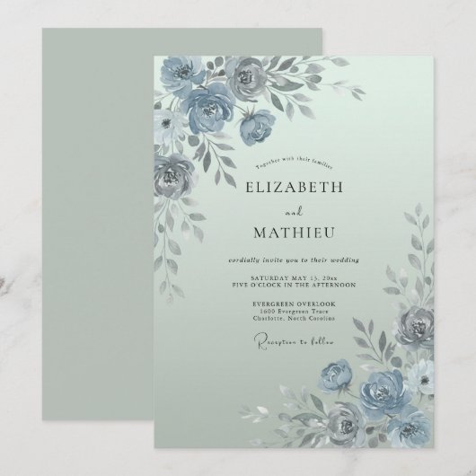 Misty Blue Ethereal Spring Wedding 招待状 (正面/裏面)