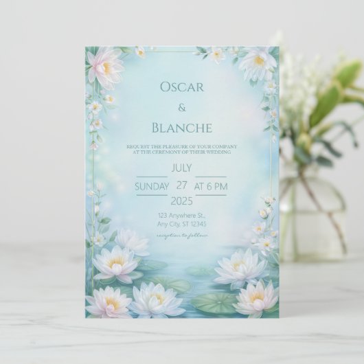 Misty Blue Ethereal Water Lily Frame Wedding 招待状 (スタンド正面)
