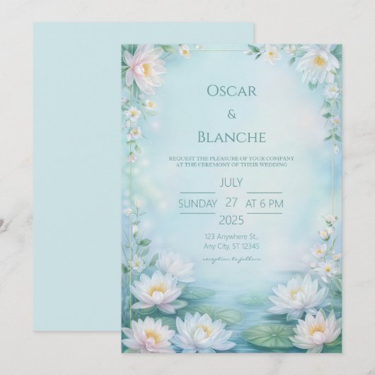 Misty Blue Ethereal Water Lily Frame Wedding 招待状 (正面/裏面)