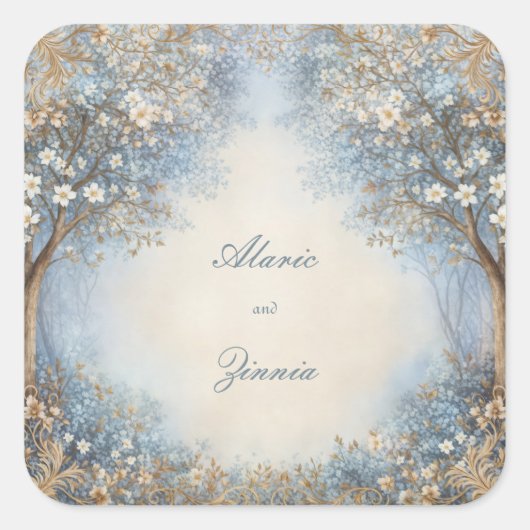Misty Blue Filigree Ethereal Forest Wedding スクエアシール (正面)
