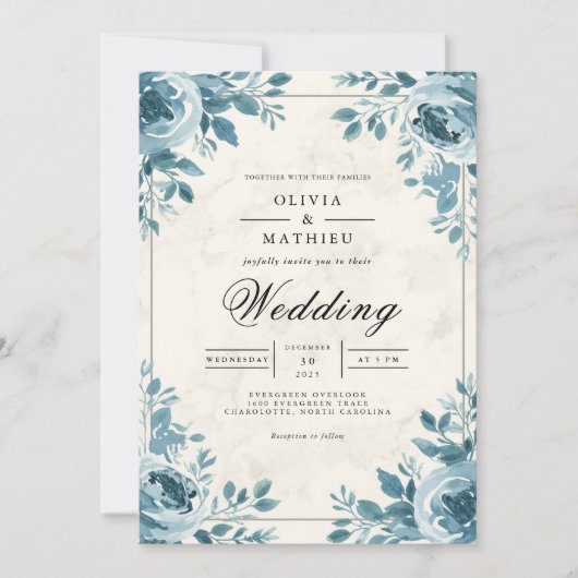 Misty Blue Floral Corner Accent Wedding 招待状 (正面)