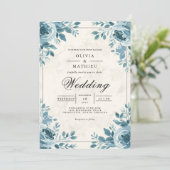 Misty Blue Floral Corner Accent Wedding 招待状 (スタンド正面)