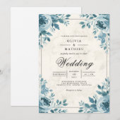 Misty Blue Floral Corner Accent Wedding 招待状 (正面/裏面)