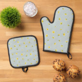 Misty Blue Japanese Winter Cosmos Floral Pattern 鍋つかみ&鍋敷きセット (トップダウン)