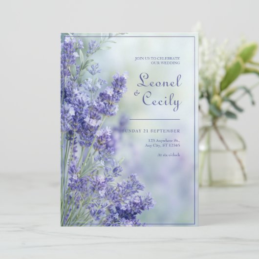 Misty Blue Romantic Lavender Frame 招待状 (スタンド正面)