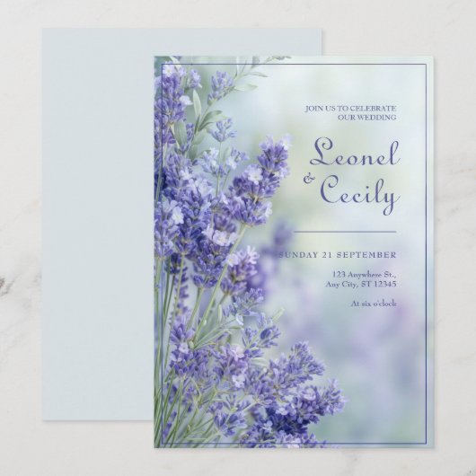 Misty Blue Romantic Lavender Frame 招待状 (正面/裏面)