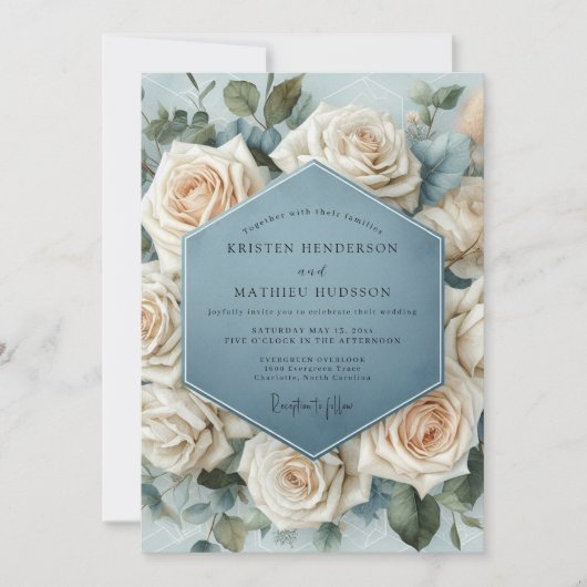 Misty Blue Rose Bloom Wedding 招待状 (正面)