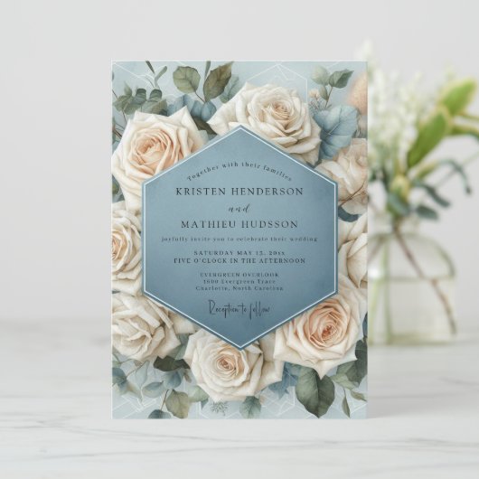 Misty Blue Rose Bloom Wedding 招待状 (スタンド正面)