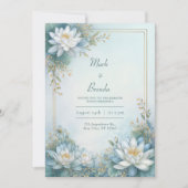 Misty Blue Water Lily Gold Frame Wedding 招待状 (正面)