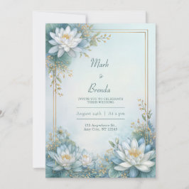 Misty Blue Water Lily Gold Frame Wedding 招待状