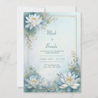 Misty Blue Water Lily Gold Frame Wedding 招待状