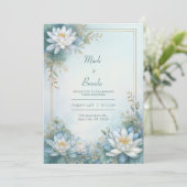 Misty Blue Water Lily Gold Frame Wedding 招待状 (スタンド正面)