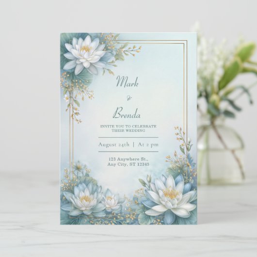Misty Blue Water Lily Gold Frame Wedding 招待状 (スタンド正面)