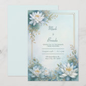Misty Blue Water Lily Gold Frame Wedding 招待状 (正面/裏面)