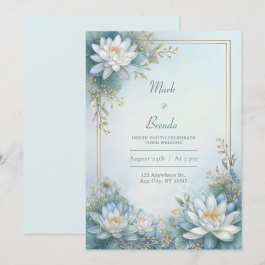 Misty Blue Water Lily Gold Frame Wedding 招待状 (正面/裏面)