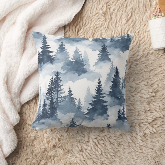Misty Blue Watercolor Forest クッション (ブランケット)