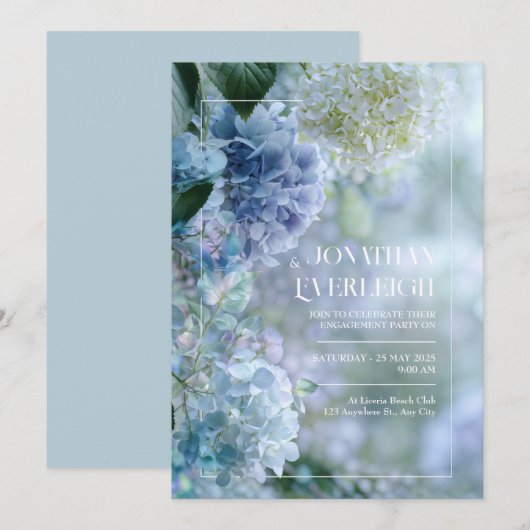 Misty Blue White Hydrangea Garden Frame Wedding 招待状 (正面/裏面)