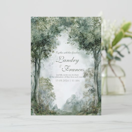 Misty Forest Archway Serene Mountain Landscape 招待状 (スタンド正面)