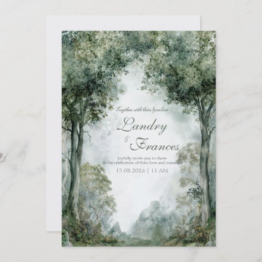 Misty Forest Archway Serene Mountain Landscape 招待状 (正面/裏面)