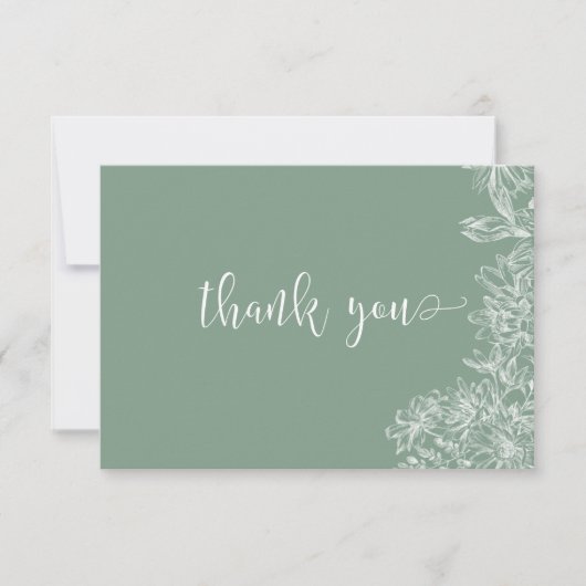 Misty Green White Floral Script Thank You Note Car サンキューカード (正面)