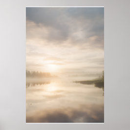 Misty Lake Sunrise Golden Reflection ポスター