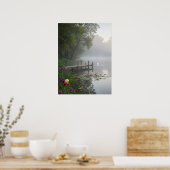 Misty Lake Swans Water Lilies Nature Art ポスター (キッチン)