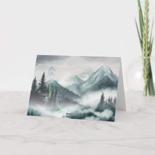 Misty Moonlight Mountain Forest Woods Wedding サンキューカード (裏面)