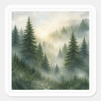 Misty morning in pine forest aesthetic スクエアシール