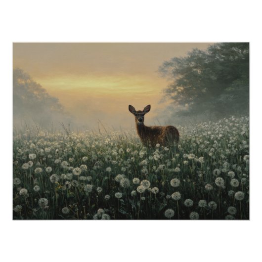 Misty Morning Meadow Deer ポスター (正面)