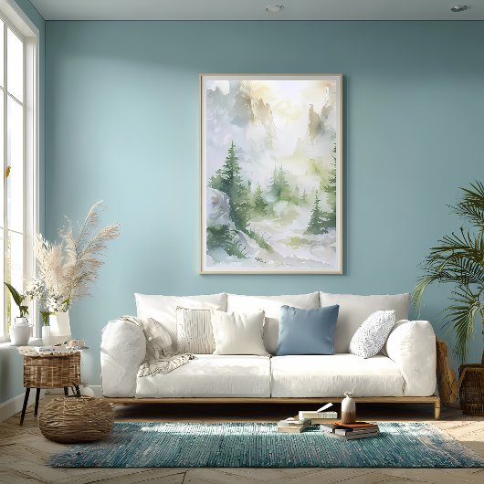 Misty Mountain Forest in Watercolor ポスター