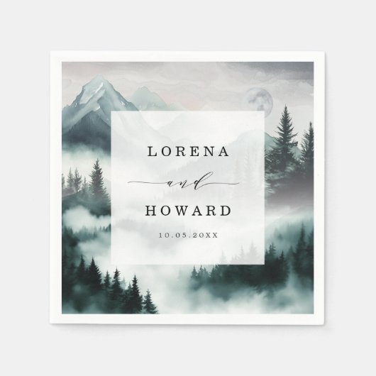 Misty Mountain Moon Pine Forest Wedding Napkins スタンダードカクテルナプキン (正面)