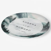 Misty Mountain Pine Forest Moon Wedding ペーパープレート (アングル)