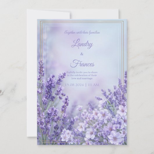Misty Periwinkle Romantic Botanical Frame Wedding 招待状 (正面)