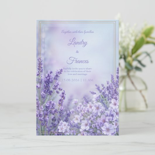 Misty Periwinkle Romantic Botanical Frame Wedding 招待状 (スタンド正面)