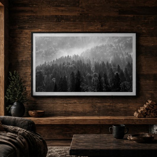 Misty Pine Forest Black and White Landscape ポスター