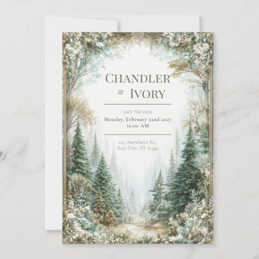 Misty Pine Forest Gold Floral Wedding 招待状 (正面)