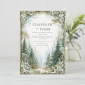 Misty Pine Forest Gold Floral Wedding 招待状 (スタンド正面)