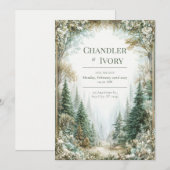 Misty Pine Forest Gold Floral Wedding 招待状 (正面/裏面)