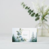 Misty Pine Forest White and Blue Floral Frame 名刺 (スタンド正面)