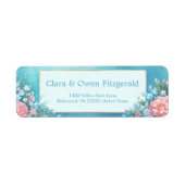 Misty Teal Pink Peony Gold Frame Wedding ラベル (正面)