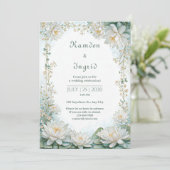 Misty Teal White Water Lily Border Wedding 招待状 (スタンド正面)