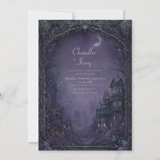 Misty Violet Moonlit Gothic Manor Wedding 招待状 (正面)