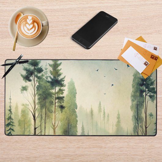Misty Woodland Evergreen Forest デスクマット