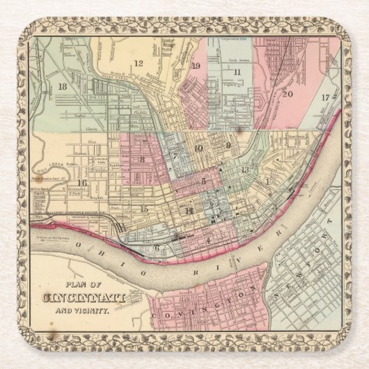 Mitchell著シンシナチの地図 スクエアペーパーコースター (正面)