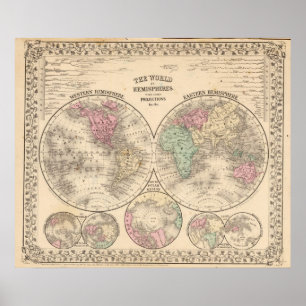 Mitchell著世界半球の地図 ポスター