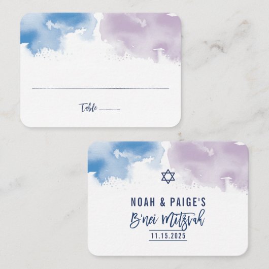 MITZVAH modern elegant watercolor blue purple 名刺 (正面/裏面)
