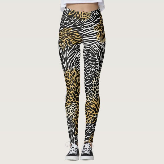 Mixed Animal Print Zebra Leopard Tiger Mixed Print レギンス (正面)