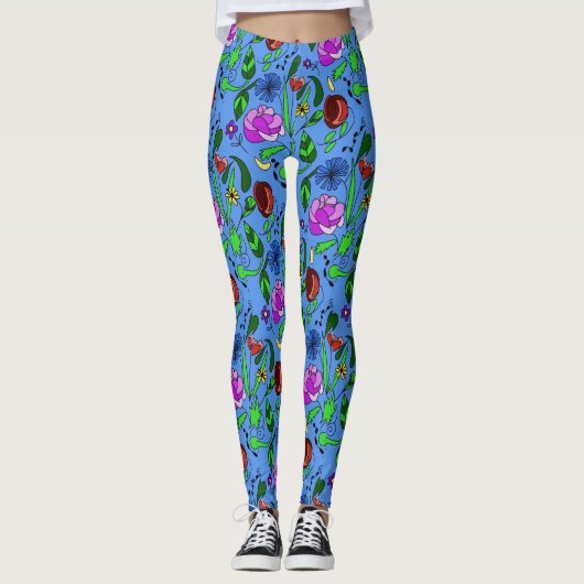 Mixed Floral on Blue Leggings レギンス (正面)