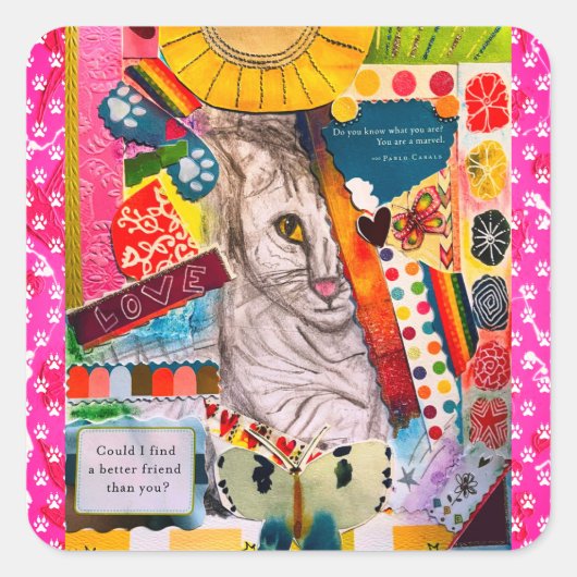 Mixed Media Cat Collageカラフルステッカー スクエアシール (正面)